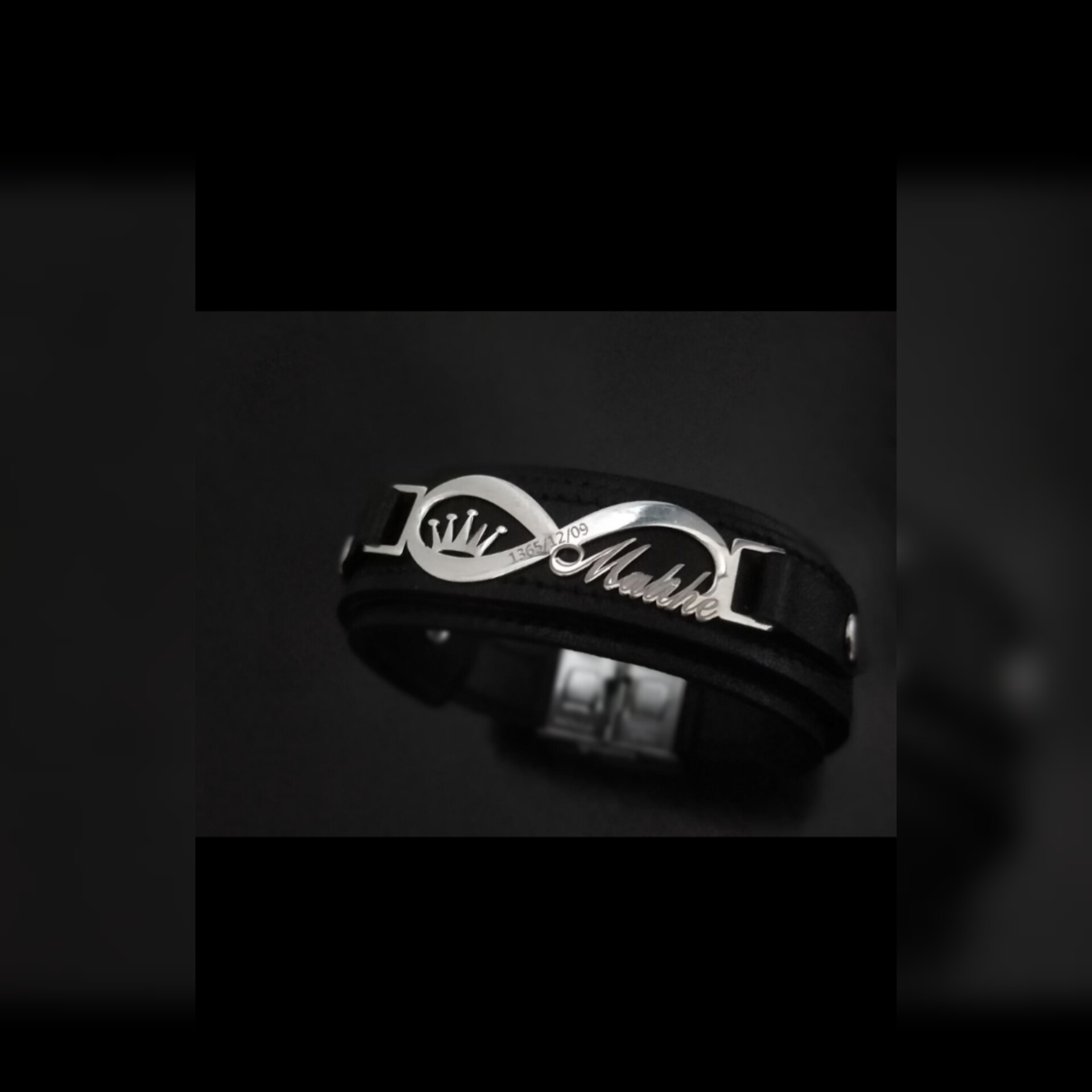 تصویر 1 از دستبند چرم طبیعی با پلاک نقره و استیل و طرح دلخواه + فروش عمده و ارزان