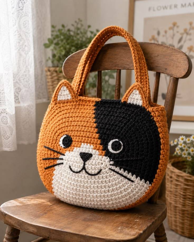 کیف دستی بافت طرح گربه چند رنگ