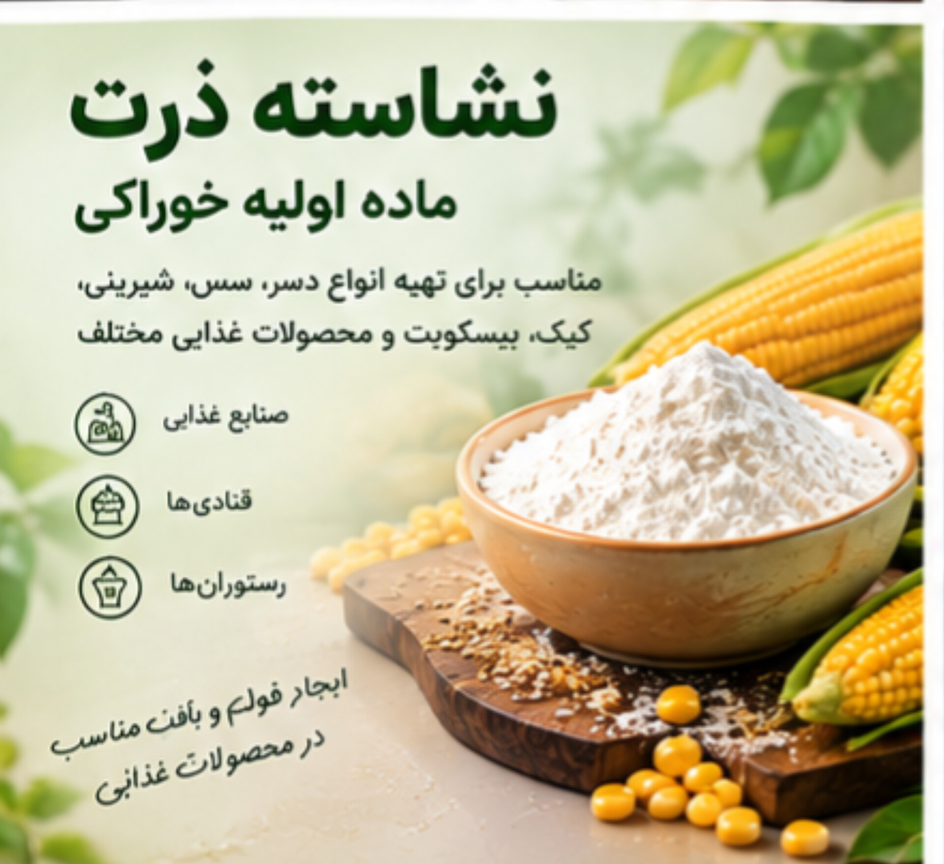 نشاسته ذرت خوراکی + ماده مناسب صنایع غذایی و شیرینی پزی